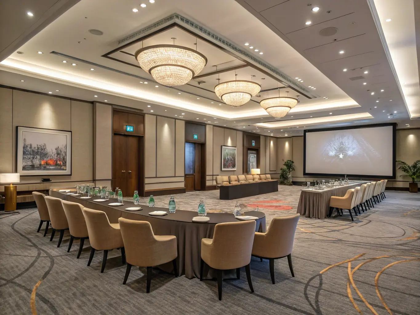 A professional seminar setup at Miranda Event Center, with comfortable seating and state-of-the-art presentation equipment.